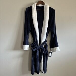 NWT Men's Dockers Sleepwear Navy Sherpa Winter Robe Medium Belted White Trim